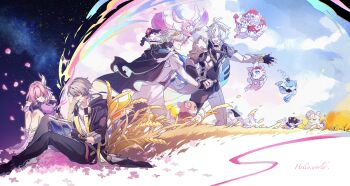 1girl 2boys absurdres aglaea_(honkai:_star_rail) anaxa_(honkai:_star_rail) animal animal_in_clothes animal_on_shoulder animalization antenna_hair armor black_cape black_choker black_gloves black_jacket black_pants black_shirt black_shoes book bug butterfly caelus_(honkai:_star_rail) cape castorice_(honkai:_star_rail) cerydra_(honkai:_star_rail) chimera_(honkai:_star_rail) chinese_commentary choker cipher_(honkai:_star_rail) closed_eyes closed_mouth coat commentary_request cyrene_(aedes_elysiae)_(honkai:_star_rail) cyrene_(honkai:_star_rail) dan_heng_(honkai:_star_rail) dan_heng_(permansor_terrae)_(honkai:_star_rail) english_text evernight_(honkai:_star_rail) falling_petals fingerless_gloves gloves grey_hair grey_pants grey_shirt hair_between_eyes hand_on_own_arm highres holding holding_book holding_hands holding_pen honkai:_star_rail honkai_(series) hood hooded_jacket hyacine_(honkai:_star_rail) hysilens_(honkai:_star_rail) insect jacket knees_up laurel_crown long_sleeves lower_teeth_only march_7th_(honkai:_star_rail) mem_(honkai:_star_rail) multiple_boys mydei_(honkai:_star_rail) off_shoulder open_book open_clothes open_jacket open_mouth outdoors outstretched_arm pants parted_bangs pen petals phainon_(honkai:_star_rail) pink_hair purple_butterfly purple_jacket rongyuan_gulu sandals shirt shoes short_hair short_sleeves shoulder_armor single_fingerless_glove sitting smile teeth thigh_strap three-quarter_sleeves trailblazer_(honkai:_star_rail) trianne_(honkai:_star_rail) tribbie_(honkai:_star_rail) trinnon_(honkai:_star_rail) wheat_field white_coat white_hair white_sandals white_shirt writing