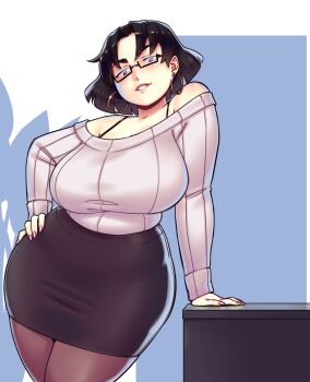 Rule 34 | 1girl, arm support, art trade, better-with-salt, black hair, black pantyhose, borrowed character, bra strap, breasts, commentary, cowboy shot, earrings, english commentary, glasses, hand on own hip, high-waist skirt, highres, hoop earrings, jewelry, large breasts, miniskirt, off-shoulder sweater, off shoulder, original, pantyhose, pencil skirt, pink nails, purple eyes, semi-rimless eyewear, short hair, skirt, smile, solo, sweater, under-rim eyewear