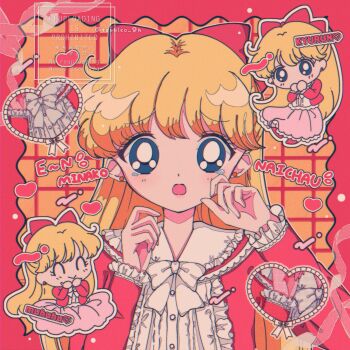 aino_minako ben-day_dots bishoujo_senshi_sailor_moon blonde_hair bow center_frills chibi crying crying_with_eyes_open earrings frills highres jacket jewelry lips long_hair looking_at_viewer multiple_persona pink_jacket screentones shirt smile stud_earrings swept_bangs tears tsukico_9h very_long_hair watermark white_bow white_shirt