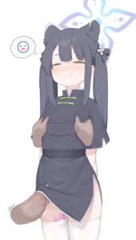 1boy 1girl absurdres animal_ears black_dress black_hair blue_archive blush breasts censored china_dress chinese_clothes condom condom_wrapper cum cum_in_clothes cum_through_clothes disembodied_hand disembodied_penis dress erection fondling grabbing_another&#039;s_breast green_eyes groping halo hetero highres loli long_hair looking_at_viewer mosaic_censoring peachyp penis shun_(blue_archive) shun_(small)_(blue_archive) side_slit sidelocks small_breasts smile solo_focus thighhighs thighs tiger_ears two_side_up white_thighhighs