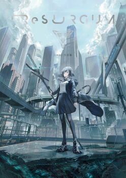 1girl black_hair black_necktie black_pantyhose black_shoes black_skirt blue_eyes blue_jacket blue_sky breasts bridge building closed_mouth cloud collared_shirt commentary_request day dress_shirt highres holiday_holiday_(love_live!) hood hood_down hooded_jacket jacket long_hair monorail necktie on_roof open_clothes open_jacket original outdoors pantyhose railing road road_sign rooftop shirt shoes sign skirt sky skyscraper small_breasts solo standing swav white_shirt