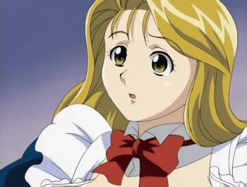 00s 2003 animated animated_gif blonde_hair breasts breasts_squeezed_together cleavage grabbing_another's_breast green_eyes groping huge_breasts large_breasts lowres nami_koishikawa nami_sos! nipples open_clothes popped_button sexually_suggestive waitress wardrobe_malfunction