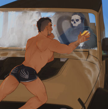 2boys ass bara beard_stubble black_hair black_shorts call_of_duty call_of_duty:_modern_warfare_2 dark-skinned_male dark_skin dolphin_shorts eye_contact facial_hair ghost_(modern_warfare_2) highres jitome looking_at_another male_focus mask mature_male multiple_boys muscular muscular_male mustache_stubble seductive_smile short_hair short_shorts shorts skull_mask smile soap_(modern_warfare_2) sponge stubble thick_eyebrows thighs topless_male undercut washing_vehicle wet yakowo yaoi
