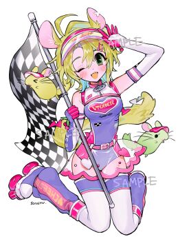 1girl ahoge animal arm_up ashton_marten_(vtuber) blonde_hair chinchilla_(animal) chinchilla_ears chinchilla_girl commentary_request detached_sleeves green_eyes highres indie_virtual_youtuber kneeling leotard looking_at_viewer loose_socks one_eye_closed open_mouth purple_leotard purple_socks race_flag roller_skates see-through_clothes see-through_skirt simple_background skates skirt socks solo soreeyu_(sore-yu) thighhighs virtual_youtuber visor_cap whiskers white_background white_thighhighs