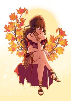 Rule 34 | 1girl, anklet, armlet, bare shoulders, branch, brown hair, crop top, crossed legs, dakiarts, dancer, gold anklet, gold armlet, gradient background, head on hand, jewelry, leaf, long hair, looking at viewer, octopath traveler, octopath traveler i, ponytail, primrose azelhart, sandals, sitting, strapless, sun, thigh strap, yellow eyes