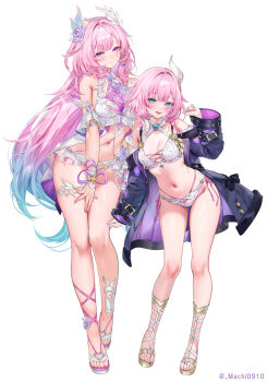 2girls adapted_costume aged_up alternate_costume armlet bare_shoulders bikini blue_eyes blue_hair blush breasts chinese_commentary cleavage closed_mouth clothing_cutout coat commentary commentary_request cyrene_(demiurge)_(honkai:_star_rail) cyrene_(honkai:_star_rail) cyrene_(philia093)_(honkai:_star_rail) dual_persona english_commentary fingernails flower gladiator_sandals gradient_hair hair_flower hair_intakes hair_ornament hand_up highres honkai:_star_rail honkai_(series) jewelry large_breasts long_hair looking_at_viewer machi_(machi0910) medium_breasts medium_hair mixed-language_commentary multicolored_hair multiple_girls nail_polish navel paid_reward_available pink_hair pink_nails pink_pupils pointy_ears purple_coat purple_eyes purple_flower purple_rose ring rose sandals side_cutout sidelocks simple_background smile stomach swimsuit thighs toenail_polish toenails twitter_username very_long_hair white_background white_bikini