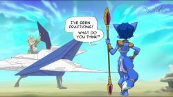 1boy 1girl :3 animal_ears animal_feet animal_nose animated arm_tattoo arm_up armor arms_up artist_name arwing back bandana barefoot bikini bikini_top_only blue_eyes blue_fur blue_hair blue_sky body_fur breasts brown_fur closed_mouth cloud david_lillie day dust english_text facing_away female_focus fox_boy fox_ears fox_girl fox_mccloud fox_tail from_behind full_body furry furry_female furry_male gem green_shirt hand_on_own_hip hand_up happy headgear holding holding_staff jewelry kneepits krystal leg_tattoo leg_up legs legs_apart loincloth looking_at_another looking_at_viewer medium_breasts navel neck_ring nintendo outdoors outstretched_arms own_hands_together pole_dancing purple_gemstone rock shin_guards shirt short_hair shoulder_armor signature sky smile smoke snout solo_focus spacecraft speech_bubble staff standing star_fox star_fox_adventures stomach strapless strapless_bikini swimsuit tail tail_ornament tail_ring takeoff talking tattoo thighs two-tone_fur vambraces vest video white_fur white_vest yellow_bikini