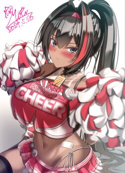 1girl absurdres ahoge badge bandaid_on_hip bandaid_on_thigh bare_shoulders bay_(nikke) black_hair black_thighhighs blush breasts brown_eyes button_badge cheerleader clothes_writing collar commentary_request crop_top crop_top_overhang dark-skinned_female dark_skin dated fang goddess_of_victory:_nikke hair_between_eyes hair_intakes hairband hands_up highleg highleg_panties highres holding holding_pom_poms large_breasts lock long_hair looking_at_viewer milltyan mole mole_on_stomach mole_under_mouth multicolored_hair navel padlock padlocked_collar panties partial_commentary pom_pom_(cheerleading) pom_poms ponytail red_hair side-tie_panties signature single_thighhigh sitting solo spiked_collar spikes star_(symbol) star_sticker sticker sticker_on_face streaked_hair tan tanline thighhighs two-tone_skirt two-tone_tank_top underwear very_long_hair wariza white_panties