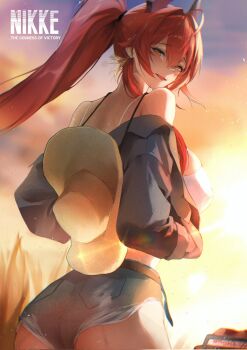 1girl ahoge ass bare_shoulders black_horns breasts camisole copyright_name cowboy_hat cutoffs denim denim_jacket from_behind goddess_of_victory:_nikke hair_intakes hashtag-only_commentary hat hat_on_back highres horns jacket large_breasts mechanical_horns n1n1 official_alternate_costume open_mouth ponytail red_hair red_hood_(nikke) red_hood_(retro_days)_(nikke) solo tank_top white_camisole white_tank_top yellow_eyes
