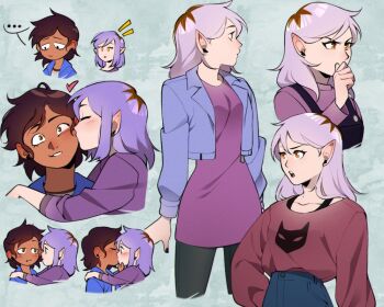 2girls amity_blight black_nails blush brown_hair cropped_jacket cropped_legs dark-skinned_female dark_skin female_focus kiss kissing_cheek luz_noceda medium_hair multicolored_hair multiple_girls nail_polish omy-chan open_mouth pink_hair pointy_ears purple_hair sequential short_hair the_owl_house two-tone_hair upper_body yuri