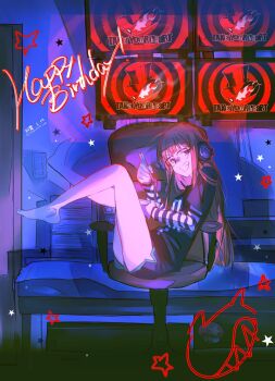 Rule 34 | 1girl, bare legs, barefoot, birthday, black shirt, blunt bangs, bowl, brown eyes, chair, chopsticks, commentary request, dated, dolphin shorts, flat screen tv, food, from side, full body, glasses, grin, happy birthday, headphones, highres, holding, holding bowl, holding chopsticks, indoors, legs, long hair, looking at viewer, on chair, orange hair, persona, persona 5, prsnmikuro, sakura futaba, shirt, shorts, sitting, smile, solo, star (symbol), t-shirt, television, thighs, twitter username