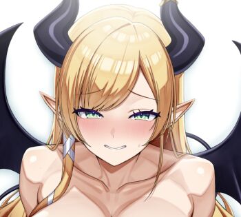 1girl black_horns black_tail black_wings blonde_hair blush breasts demon_girl demon_horns demon_tail demon_wings green_eyes handplug hololive horns implied_nudity large_breasts long_hair paid_reward_available parted_lips smile solo tail upper_body virtual_youtuber wings yuzuki_choco