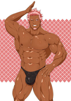 1boy abs armpits bara biceps black_male_swimwear black_swim_briefs bodybuilder bulge dark-skinned_male dark_skin facial_hair hand_on_own_hip karakuraax large_pectorals looking_at_viewer male_focus male_swimwear manly mature_male muscular muscular_arms muscular_legs muscular_male nipples no_pants one_eye_closed original pectorals pink_hair print_male_swimwear print_swim_briefs print_swimsuit red_eyes smile solo stubble swim_briefs swimsuit thighs topless_male veins