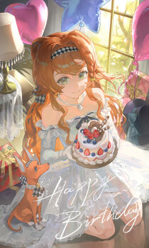 1girl absurdres alternate_costume animalization balloon bare_shoulders black_hat blue_bow boater_hat bow box cake checkered_hairband closed_mouth commentary desk_lamp dog dress english_commentary food from_above full_body gift gift_box gloves green_eyes greyhound hairband happy_birthday hat hat_bow heart_balloon highres indoors jewelry kneeling lamp long_hair looking_at_viewer necklace off-shoulder_dress off_shoulder orange_hair person_and_animalization reverse:1999 short_dress smile solo sonetto_(reverse:1999) star_balloon strawberry_cake two_side_up unworn_hat unworn_headwear white_gloves window yinhepongpong