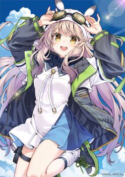 1girl anemoi aviator_cap black_collar black_jacket black_shoes blue_skirt blue_sky brown_hair cloud collar collared_shirt commentary_request copyright_notice fusaba_aino goggles goggles_on_head hat highres jacket kubota_masaki layered_clothes long_hair looking_at_viewer multicolored_jacket open_mouth shirt shoes skirt sky sneakers socks solo thigh_strap white_hat white_jacket white_shirt white_socks yellow_eyes