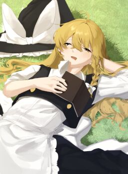 1girl apron back_bow black_hat black_skirt black_vest blonde_hair book bow braid closed_eyes commentary_request frilled_apron frills hair_bow hat hat_bow highres kirisame_marisa long_hair lying momomo_twi on_back on_grass open_book open_mouth outdoors side_braid single_braid skirt sleeping solo touhou unworn_hat unworn_headwear vest waist_apron white_apron white_bow witch_hat