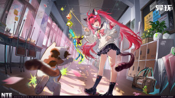 Rule 34 | 1girl, absurdres, ahoge, animal ear fluff, animal ears, armband, bag, bandaid, bandaid on knee, bandaid on leg, black sailor collar, black skirt, black socks, bow, bowtie, cat, cat ears, cat teaser, ceiling, chair, chalkboard, day, desk, door, falling petals, fingernails, floor, flower pot, full body, hair ornament, hallway, hand on own hip, highres, indoors, loafers, long hair, looking at object, nail polish, nanally (neverness to everness), nanally (the popular kid) (neverness to everness), neverness to everness, official art, official wallpaper, open mouth, petals, pink armband, pink bow, pink bowtie, pink hair, pink nails, pink petals, red eyes, red hair, sailor collar, school, school bag, school chair, school desk, shadow, shoes, skirt, socks, solo, sunlight, sweater, tail, umbrella, white sweater, window, x hair ornament