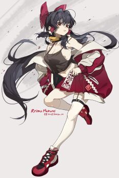 1girl absurdres alternate_costume between_fingers black_camisole black_choker black_hair bow breasts camisole character_name choker cleavage collarbone commentary_request frilled_hair_tubes frills full_body hair_bow hair_tubes hakurei_reimu highres holding jacket leg_up long_hair looking_at_viewer midriff navel ofuda ofuda_between_fingers open_clothes open_jacket power_item_(touhou) red_bow red_eyes red_jacket red_shoes red_skirt shimiya_jin shoes skirt sneakers solo thighhighs touhou twitter_username very_long_hair white_thighhighs yin_yang yin_yang_print