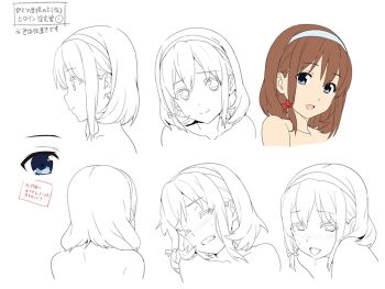 1girl blue_eyes blush brown_hair flat_color hair_between_eyes hairband kedamono-tachi_no_sumu_ie_de lineart multiple_views partially_colored portrait reference_sheet sidelocks smile takeda_hiromitsu translation_request white_background