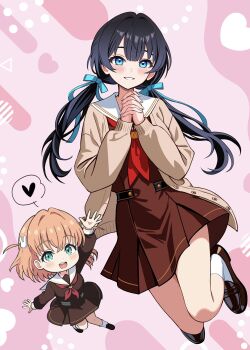 2girls absurdres aqua_eyes black_hair blue_eyes blue_ribbon blush brown_dress cardigan commentary_request dress highres hinoshita_kaho link!_like!_love_live! loafers long_hair looking_at_viewer love_live! low_twintails multiple_girls murano_sayaka open_mouth orange_hair pleated_dress ribbon school_uniform shoes socks teeth twintails white_socks zaofeng