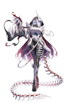 Rule 34 | 1girl, absurdres, animal skull, black hood, black sclera, blue eyes, bodysuit, bone, bone whip, breasts, cloak, colored sclera, crossed legs, extra eyes, eyebrows hidden by hair, full body, hair over one eye, highres, holding, holding whip, large breasts, latex, long hair, looking at viewer, manda (luts7602), monster girl, original, pale skin, sharp teeth, skeletal clothes, standing, teeth, watson cross, whip, white hair