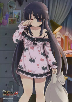 1girl animal_print black_hair cat_print desk desk_lamp drawer eyepatch lamp long_hair mirai_(senran_kagura) official_art pajamas rubbing_eyes senran_kagura senran_kagura_new_wave sleepy strap_slip stuffed_animal stuffed_toy yaegashi_nan