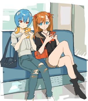 2girls 4zw89qkqagggcf7 ayanami_rei bag black_bag black_boots black_jacket blue_eyes blue_hair blue_pants boots border breasts commentary_request crossed_legs denim fur-trimmed_jacket fur_trim hair_between_eyes half_updo headgear headphones headphones_around_neck highres holding holding_phone jacket jeans jewelry medium_breasts multiple_girls necklace neon_genesis_evangelion orange_hair pants phone red_bag red_eyes short_hair short_shorts shorts shoulder_bag sitting souryuu_asuka_langley torn_clothes torn_pants twintails white_border white_jacket