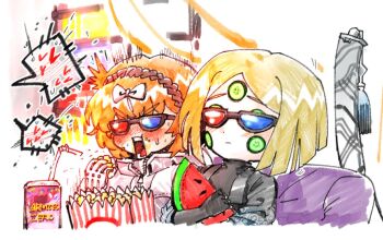 1boy 1girl 3d_glasses black_haori black_shirt black_sleeves blonde_hair blunt_ends blush border bow closed_mouth commentary cucumber cucumber_slice cup drinking_straw eating facing_to_the_side food freckles frown fruit hair_bow haori holding holding_food ishmael_(project_moon) japanese_clothes large_forehead layered_sleeves limbus_company long_sleeves middle_(identity)_(project_moon) open_mouth orange_hair parted_bangs pinky_(identity)_(project_moon) popcorn project_moon shirt short_hair short_over_long_sleeves short_sleeves sinclair_(project_moon) sweat sword sword_tassel symbol-only_commentary tassel teeth tongue turtleneck turtleneck_shirt udiedguy watermelon weapon white_background white_border zipper zipper_pull_tab