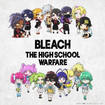 1boy 6+girls :&lt; antenna_hair armband bambietta_basterbine bandaid bandaid_on_knee bandaid_on_leg black_mask black_serafuku black_shirt bleach bleach:_sennen_kessen-hen blonde_hair blue_bow blue_bowtie blue_eyes blue_hair bow bowtie braid bright_pupils candice_catnipp cardigan chibi chibi_only closed_mouth commentary copyright_name copyright_notice crop_top dark-skinned_female dark_skin dokugamine_riruka earrings eyepatch first_aid_kit giselle_gewelle green_eyes green_hair grin gyaru hair_bow hair_ribbon headphones headphones_around_neck hinamori_momo inoue_orihime jacket jewelry kotetsu_isane kuchiki_rukia kurotsuchi_nemu leg_warmers liltotto_lamperd long_hair looking_at_viewer low_twintails mask matsumoto_rangiku medical_eyepatch meninas_mcallon midriff miniskirt mouth_mask multicolored_hair multiple_girls navel neckerchief nelliel_tu_odelschwanck official_alternate_costume official_art open_mouth orange_hair pink_eyes pink_hair pleated_skirt ponytail purple_eyes purple_hair red_neckerchief ribbon sailor_collar school_uniform serafuku shihouin_yoruichi shirt short_hair side_ponytail sitting skirt smile standing streaked_hair sui-feng sweater_vest tier_harribel tongue tongue_out trap twin_braids twintails two-tone_hair walking white_jacket white_pupils white_skirt