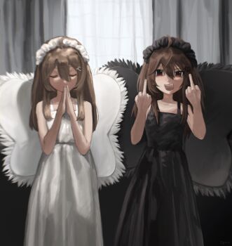 Rule 34 | 2girls, black dress, black hairband, broken heart, broken heart hair ornament, brown hair, closed eyes, commentary, dgucedunno, double middle finger, dress, english commentary, evil neuro-sama, fake wings, hair between eyes, hair ornament, hairband, heart, heart hair ornament, highres, indoors, long hair, middle finger, multiple girls, neuro-sama, open mouth, photo-referenced, praying, siblings, sisters, sleeveless, sleeveless dress, standing, twins, vedal ai, virtual youtuber, white dress, white hairband, wings