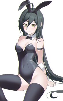 1girl ahoge animal_ears bare_shoulders black_bow black_bowtie black_hair black_leotard black_thighhighs bow bowtie brown_eyes danganronpa_(series) danganronpa_v3:_killing_harmony detached_collar fake_animal_ears fake_tail genderswap genderswap_(mtf) hair_between_eyes highres keke_r18 leotard long_hair playboy_bunny rabbit_ears rabbit_tail saihara_shuichi simple_background sitting solo tail thighhighs white_background