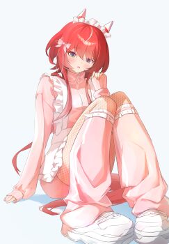 1girl absurdres alternate_costume animal_ears apron blush breasts commentary_request ear_covers ear_ornament feather_hair_ornament feathers fishnet_pantyhose fishnets frilled_apron frills green_eyes hair_between_eyes hair_ornament highres horse_ears horse_girl horse_tail jacket jersey_maid leg_warmers long_hair looking_at_viewer loose_socks low_twintails maid maid_apron maid_headdress pantyhose parted_lips pilinthia pink_jacket red_hair shoes simple_background sitting small_breasts socks solo tail tracen_training_uniform track_jacket twintails umamusume unconventional_maid waist_apron white_apron white_headdress white_pantyhose win_variation_(umamusume)