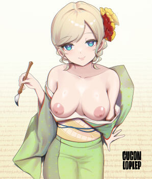 1girl absurdres bare_shoulders blonde_hair blue_eyes breasts breasts_out calligraphy_brush ceras_yanagida_lilienfeld collarbone commentary cowboy_shot culton green_kimono highres holding holding_brush japanese_clothes kimono link!_like!_love_live! looking_at_viewer love_live! medium_breasts nipples paintbrush smile solo symbol-only_commentary