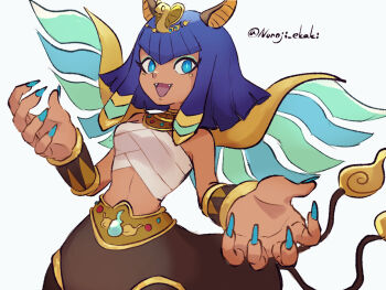 1girl ancient_egyptian animal_ears artist_name bare_shoulders blue_eyes breasts cat_ears centauroid chest_sarashi claws dark-skinned_female dark_skin fang fingernails kurekurepatra looking_at_viewer monster_girl multiple_tails navel nonoji_(nonoji_ekaki) open_mouth sarashi simple_background small_breasts solo sphinx tail taur two_tails white_background wings youkai_(youkai_watch) youkai_watch