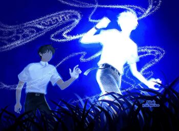 2boys artist_name belt black_hair black_pants collared_shirt faceless faceless_male glowing grass highres hikaru_ga_shinda_natsu indou_hikaru male_focus mole mole_on_cheek mole_on_neck mole_under_eye mole_under_mouth multiple_boys multiple_moles nyakv_v pants shirt short_hair short_sleeves tsujinaka_yoshiki walking watch white_shirt wristwatch