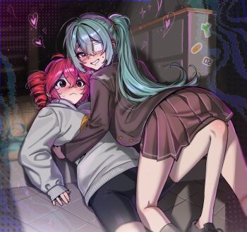 2girls :&lt; aa2mee absurdres all_fours alternate_costume aqua_hair bike_shorts black_eyes black_jacket black_shoes blush buttons cabinet eyepatch feet_out_of_frame food_print grey_sweater grin hair_between_eyes hatsune_miku heart heart_in_eye highres indoors jacket kasane_teto long_sleeves looking_at_another looking_at_viewer lying medical_eyepatch miniskirt monitoring_(vocaloid) multiple_girls on_back pleated_skirt print_jacket saliva science_(synthesizer_v) shelf shoes side_ponytail skirt smile sweat sweater symbol_in_eye tile_floor tiles utau vocaloid yuri