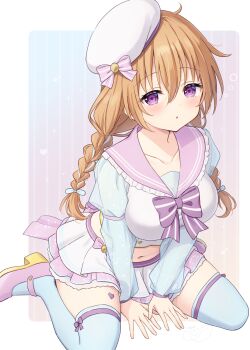 1girl absurdres between_legs bow braid breasts brown_hair cleavage commentary frilled_skirt frills full_body hair_bow hanazora_satsuki hand_between_legs hat heart highres konoe_kanata lace lace-trimmed_thighhighs lace_trim large_breasts long_hair long_sleeves love_live! love_live!_nijigasaki_high_school_idol_club mary_janes midriff navel pink_shoes purple_bow purple_eyes purple_skirt sailor_collar see-through_cleavage see-through_clothes see-through_sleeves shoes sitting skirt sleepy solo squeans striped_background thighhighs twin_braids twintails vertical-striped_background very_long_hair wariza white_hat white_skirt white_thighhighs yume_kawaii zettai_ryouiki