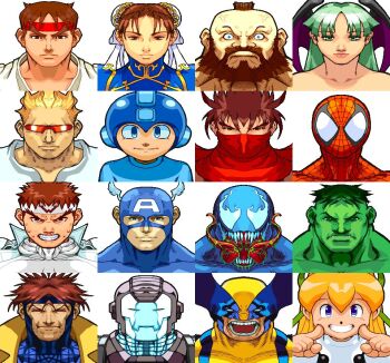 3girls 6+boys angry avengers_(series) blonde_hair blue_eyes brown_hair capcom captain_america captain_america_(series) captain_commando captain_commando_(character) chun-li cyberbots darkstalkers gambit green_hair grin headband hulk hulk_(series) incredible_hulk looking_at_viewer marvel marvel_vs._capcom mask mega_man_(character) mega_man_(classic) morrigan_aensland multiple_boys multiple_girls red_eyes red_hair robot_ears robot_girl roll_(mega_man) ryu_(street_fighter) saotome_jin smile spider-man spider-man_(series) street_fighter strider strider_hiryuu sunglasses tongue tongue_out venom_(marvel) war_machine wolverine_(x-men) x-men zangief