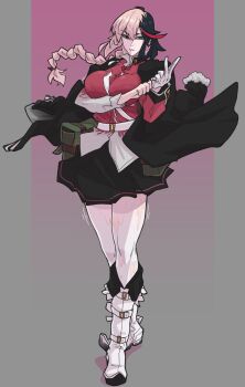 1girl belt black_hair black_jacket black_skirt boots braid breasts character_transformation fate/grand_order fate_(series) florence_nightingale_(fate) fur-trimmed_sleeves fur_trim glove_pull green_eyes heterochromia highres jacket jacket_on_shoulders kamuify kill_la_kill large_breasts long_hair looking_at_viewer matoi_ryuuko multicolored_hair pantyhose parted_lips pink_hair red_eyes red_hair red_shirt shirt skirt solo split-color_hair streaked_hair transformation very_long_hair white_belt white_boots white_pantyhose