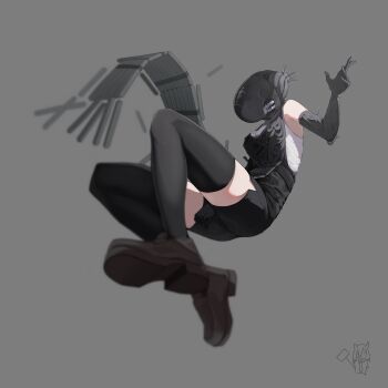 1girl absurdres apron black_apron black_shoes black_shorts black_thighhighs bomb_devil_(chainsaw_man) chainsaw_man dynamite elbow_gloves explosive gamanga_1204 gloves grey_background grey_gloves highres object_head shirt shoes shorts simple_background sleeveless sleeveless_shirt solo thighhighs white_shirt