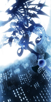 1boy animal black_wings building city city_lights denim facial_mark fangs flying highres holding holding_megaphone jacket jeans jewelry male_focus megaphone minamimoto_sho mink necklace open_mouth pants skyscraper sleeveless sleeveless_jacket smile solo solo_focus spiked_wings subarashiki_kono_sekai tattoo torn_clothes torn_jacket torn_jeans torn_pants whisker_markings wings