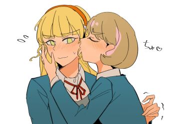 2girls blonde_hair blue_dress blush brown_hair closed_eyes closed_mouth dress ear_blush flying_sweatdrops green_eyes hairband hand_on_another&#039;s_face heanna_sumire highres long_hair love_live! love_live!_superstar!! monchin multiple_girls neck_ribbon purple_streaks red_hairband red_ribbon ribbon short_hair simple_background tang_keke trembling white_background yuri