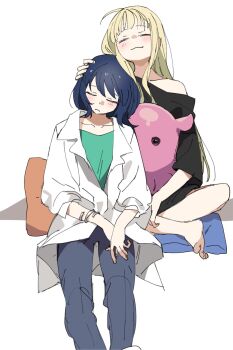 Rule 34 | 2girls, aged up, ahoge, black shirt, blonde hair, blue hair, blue pants, chinese commentary, cho kaguya-hime!, closed eyes, closed mouth, commentary request, green shirt, hand on another's head, highres, kaguya (cho kaguya-hime!), lab coat, long hair, medium hair, multiple girls, pants, pillow, rakuichi, sakayori iroha, shirt, sitting, smile, t-shirt