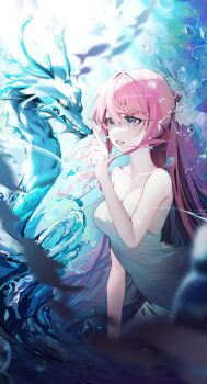 Rule 34 | 1girl, absurdres, bare shoulders, blue eyes, blurry, blurry foreground, breasts, collarbone, commentary, day, dress, fingernails, fish, grin, hair intakes, hair ornament, highres, large breasts, long hair, looking at another, original, pink hair, pink lips, seahorse, shell, shell hair ornament, smile, totomong, underwater, water, white dress