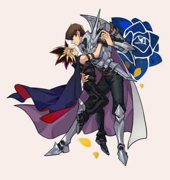 Rule 34 | 2boys, absurdres, arm belt, arm up, armor, belt, black belt, black hair, black pants, black shirt, blonde hair, blue cape, breastplate, brown belt, cape, closed mouth, commentary request, eye contact, flower, full body, greaves, head back, highres, holding hands, kaiba seto, looking at another, male focus, multicolored hair, multiple boys, pants, purple cape, red cape, saka nagiya, shirt, shirt tucked in, short hair, short sleeves, smile, spiked hair, two-sided cape, two-sided fabric, two-tone hair, white cape, yami yugi, yaoi, yu-gi-oh!, yu-gi-oh! duel monsters, yu-gi-oh! the duelists of the roses