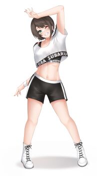 1girl absurdres aqua_eyes arm_up black_shorts black_sports_bra boots brown_hair character_name clothes_writing commentary crop_top english_commentary eyelashes full_body grin highres hololive hololive_dance_practice_uniform lace-up_boots legs_apart midriff navel one_eye_closed oozora_subaru popcornflakes shirt short_hair shorts smile solo sports_bra standing sweat teeth virtual_youtuber white_boots white_shirt