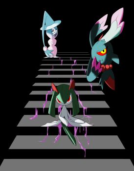 ariumu artist_name black_background black_sclera colored_sclera colored_skin flutter_mane gen_3_pokemon gen_8_pokemon ghost green_hair green_skin hat hatterene highres horns kirlia multicolored_skin nintendo pokemon pokemon_(creature) red_eyes sidelocks signature sitting sitting_on_stairs stairs two-tone_skin white_skin witch_hat