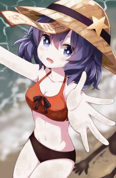 1girl adapted_costume arm_out_of_frame beach bikini black_ribbon blurry blurry_background blush breasts bright_pupils brown_bikini brown_hat cleavage collarbone commentary_request cowboy_shot drooling hair_between_eyes hat hat_ornament highres looking_at_viewer medium_breasts medium_hair miyako_yoshika mouth_drool navel ofuda ofuda_on_head open_mouth orange_bikini outdoors outstretched_arms purple_eyes purple_hair ribbon ruu_(tksymkw) solo standing star_(symbol) star_hat_ornament swimsuit touhou white_pupils