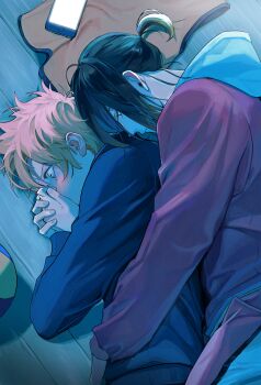 2boys absurdres ball black_hair blonde_hair cellphone commentary_request covering_own_mouth embarrassed from_side haikyuu!! highres hinata_shouyou hood hoodie hug hug_from_behind korean_commentary kozume_kenma lying male_focus multicolored_hair multiple_boys on_floor on_side orange_hair phone ponytail short_hair short_ponytail smartphone ssom two-tone_hair upper_body volleyball_(object) yaoi