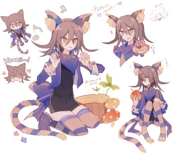 +++ 1boy :p aegyo_sal alice_in_wonderland_(disney) animal_ear_fluff animal_ears arrow_(symbol) badge black_shirt black_shoes boots buttons cat cat_ears cat_tail cheshire_cat_(disney) cheshire_cat_(disney)_(cosplay) chibi claw_pose closed_mouth cosplay cropped_jacket cropped_torso danganronpa_(series) danganronpa_v3:_killing_harmony denim denim_shorts eyelashes fake_animal_ears food fruit full_body grin hair_between_eyes hand_on_own_knee head_only heart high-waist_shorts holding holding_food holding_fruit jacket kneeling laughing long_hair_between_eyes long_sleeves looking_at_viewer looking_to_the_side male_focus medium_hair multiple_views mushroom musical_note no_mouth no_shoes notice_lines oma_kokichi open_clothes open_jacket open_mouth pink_thighhighs purple_boots purple_eyes purple_hair purple_jacket purple_scarf purple_thighhighs sakura_(fein5862817) scarf shirt shoes short_shorts shorts simple_background sleeve_cuffs smile smug striped_clothes striped_thighhighs tail thighhighs tongue tongue_out tree_stump two-tone_thighhighs v-shaped_eyebrows white_background